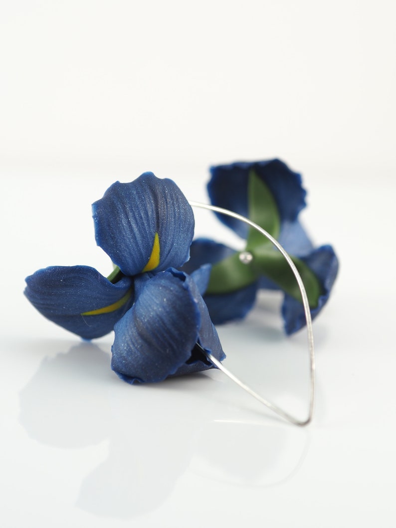 Dark blue iris flower earrings, birthday gift for wife, floral dangle earrings, polymer clay blue jewelry image 5