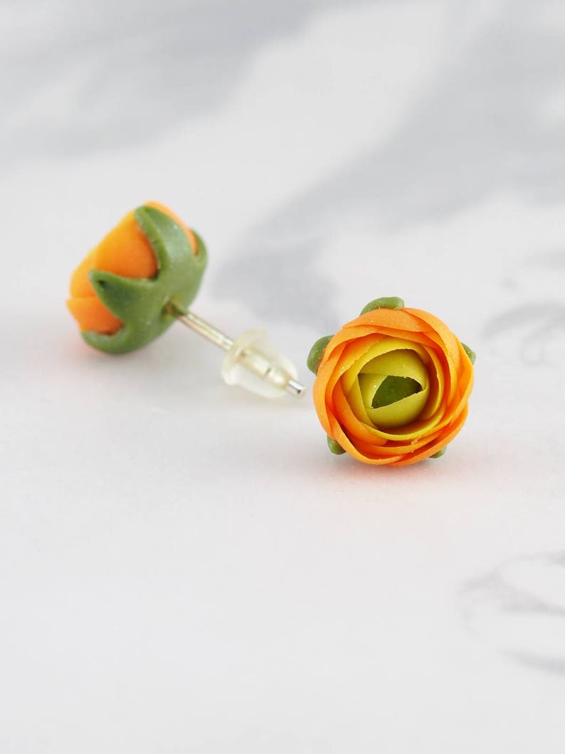 Orange flower earrings for everyday wear, Small stud botanical earrings for women, Birthday gift for nature lover, Plant jewelry for mom image 8