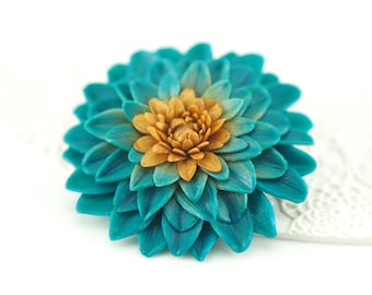 Hand Sculpted Polymer Clay Dahlia Brooch: Turquoise & Gold Floral Jewelry