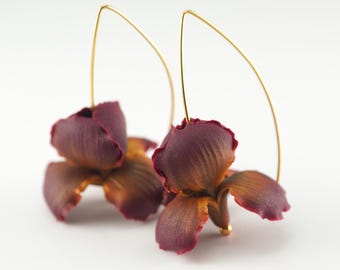 Hand-Sculpted Polymer Clay Iris Earrings: Maroon & Gold Floral Dangles