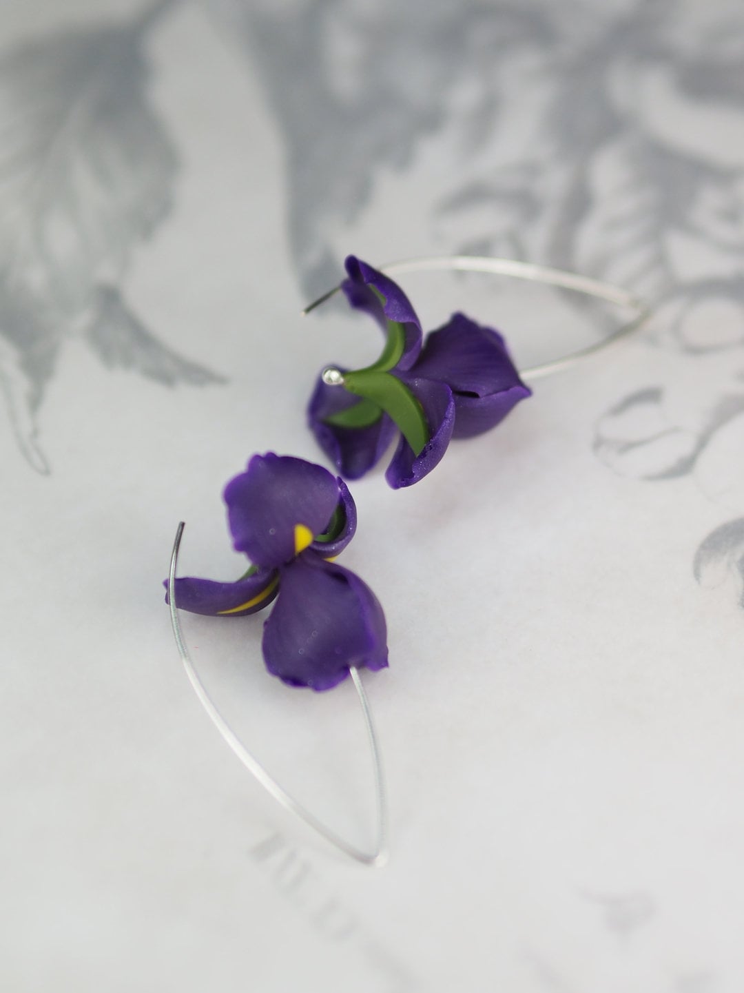 Dark blue and violet iris flower dangle earrings for woman unique birthday gift for garden and plant lover floral jewelry for her