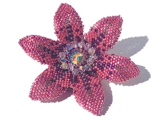 Stunning metallic pink and purple flower brooch pin, with a Swarovski crystal centre, gift, statement brooch, wedding accessory