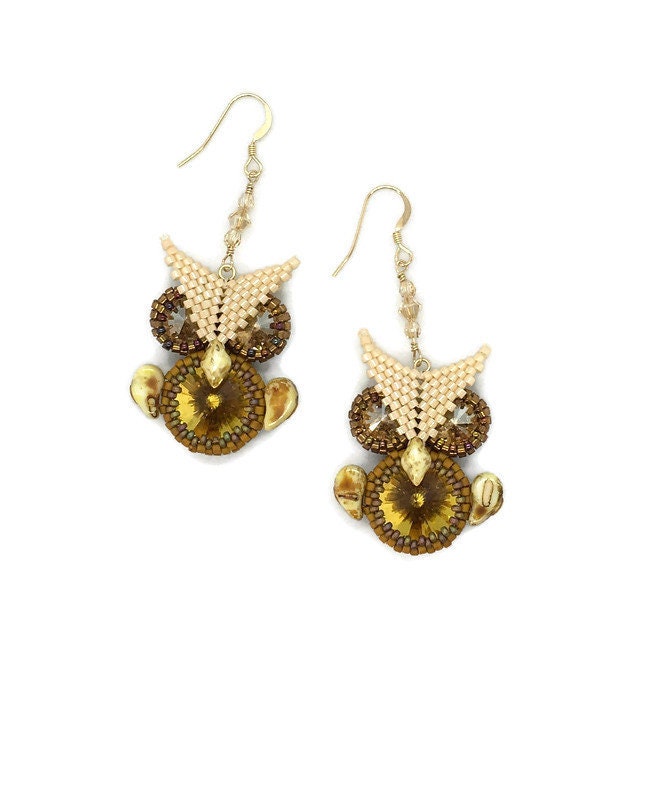 Handmade Seed Bead Owl Earrings: Swarovski Crystal Rivoli Gems