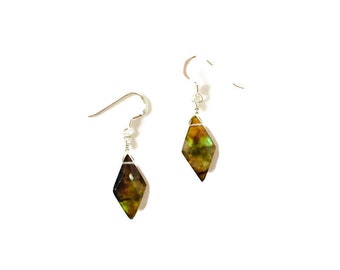 Faceted Abalone Shell Doublet Diamond Shaped Earrings with Sterling Silver