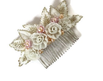 Hand Beaded Flowers and Leaves Hair Comb Perfect for the Bride, with pearls and seed beads, beaded rose flower