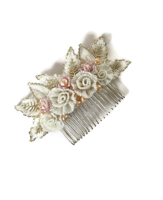 Hand Beaded Floral Hair Comb Ceramic White flower Flowers Pearl Hair comb, Bridal Hair  main image 4