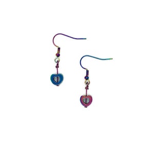 Rainbow Hematite heart outline  earrings, with rainbow coated surgical steel shepherd hooks