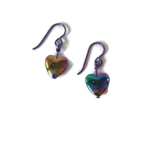 Rainbow Haematite Heart Earrings, with Purple Hypoallergenic Niobium shepherd hooks