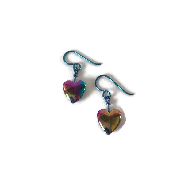 Rainbow Haematite Heart Earrings, with Blue Hypoallergenic Niobium shepherd hooks