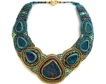 Handmade Bead Embroidery Drusy Collar Necklace: Seed Beadwork Jewelry