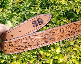 Hand tooled leather belt with floral design personalized lettering or monograms available