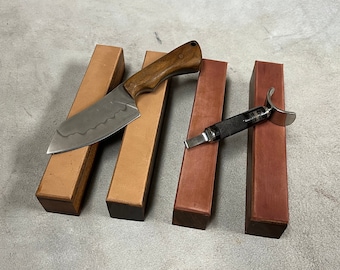 Leather strop block compact size for polishing blade edges horse butt on desert ironwood block