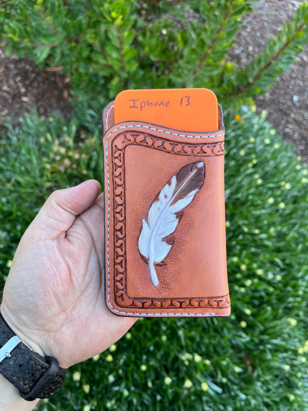 IPhone 13 or 14 Leather Case Phone Holster With Hand Tooled Feather - Etsy