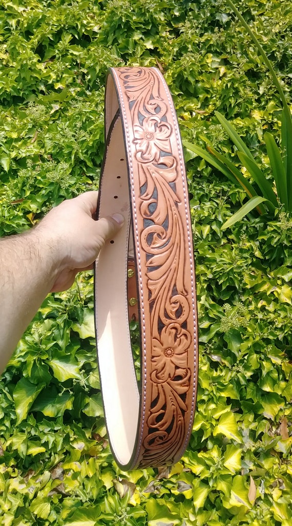 Hand Tooled Leather Belt With Floral Design Personalized -  Israel