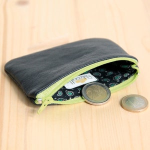 Porte-monnaie Homme Cuir recyclé Noir et Anis / Porte monnaie zippé / Porte monnaie doublé cashmere / Cadeau Fête Père Mari Ami / PMH23