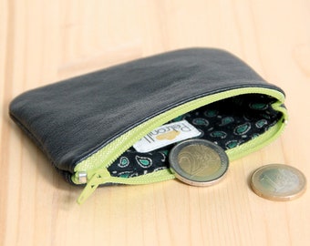 Men Black Recycled Leather Wallet / Lime Green Zipped coins wallet / Leather Change Wallet / Fathers day Gift / Friend Husband Gift / PMH23