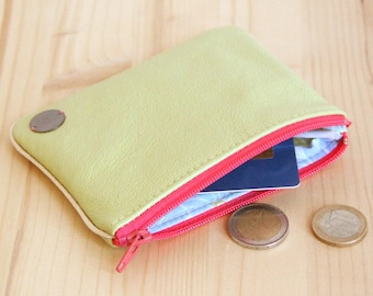 Large Wallet in Recycled Lime green Leather / Pink zipper Women Cardholder / Flowers pouch / Christmas personalize gift / Birthday / PC40