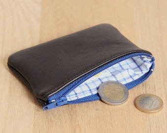 Porte-monnaie cuir recyclé café / Porte monnaie zippé Bleu / Porte monnaie homme doublé carreaux / Cadeau Fête Anniversaire Noël Père Mari