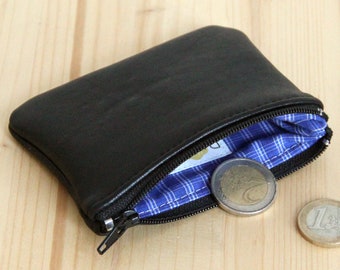 Black recycled leather zipped wallet for men / Blue checks lined wallet / Timeless change wallet / 2 sizes / Birthday Christmas man gift