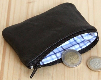 Black recycled leather timeless wallet for men / Blue checks lined wallet / Zipped change pouch / Coins wallet / Birthday Christmas gift