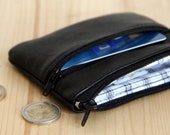 Black recycled leather wallet 2 zipped pockets Checks lining change wallet Zero waste man Christmas gift Fathers day gift