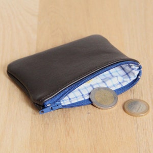 Porte-monnaie cuir recyclé café / Porte monnaie zippé Bleu / Porte monnaie homme doublé carreaux / Cadeau Fête Anniversaire Noël Père Mari