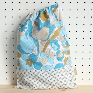 SALES Children Drawstring bag // Vintage Flowers Fabric // Blue Mustard // Snack Baby Diapers Plush image 1