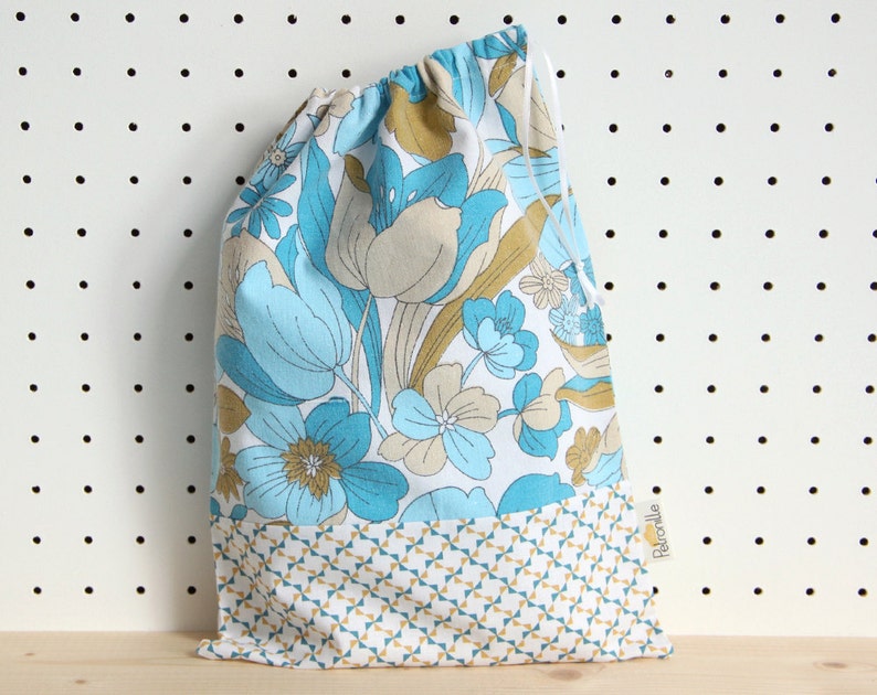 SALES Children Drawstring bag // Vintage Flowers Fabric // Blue Mustard // Snack Baby Diapers Plush image 1