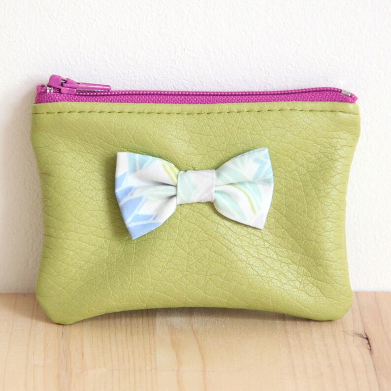 Lime Green Faux Leather Girl Wallet // Purple zipper // Pop Knot // Vintage Flowers Fabric // Kid Child Birthday Christmas Gift // PME12 image 2