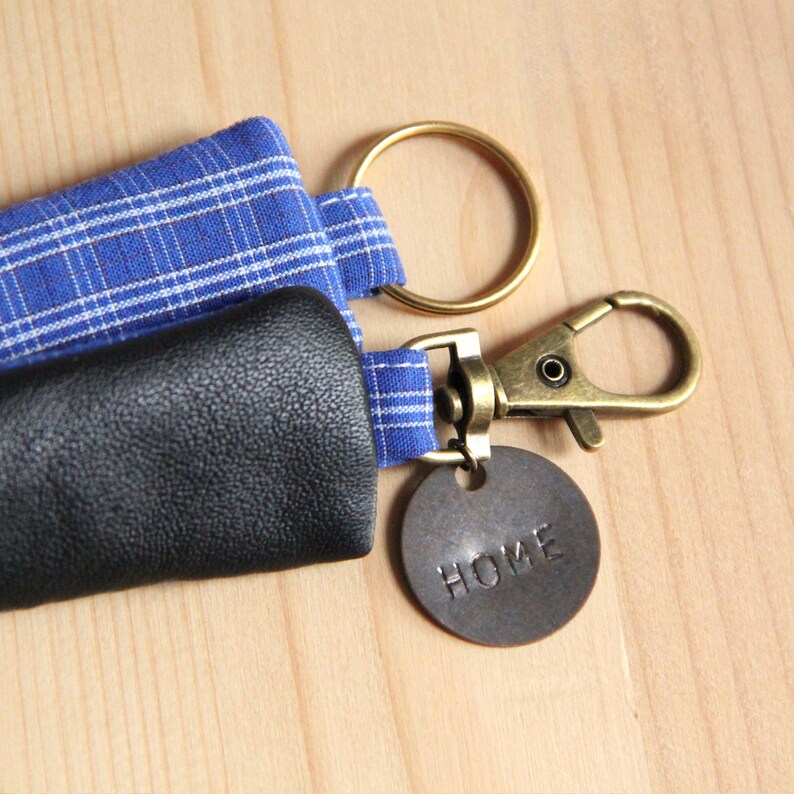 Black recycled leather keychain with red plaid checks / Personalizable men keychain / Personalized Christmas gift / Fathers day gift image 2