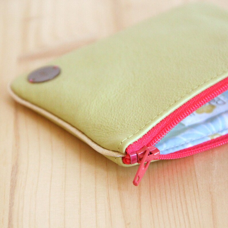 Large Wallet in Recycled Lime green Leather / Pink zipper Women Cardholder / Flowers pouch / Christmas personalize gift / Birthday / PC40 image 4
