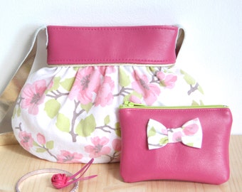 Pack Pink Purse and Wallet for Kid Girl // Faux Leather Vintage Fabric with Flowers // Leather Handle // Birthday Christmas Children Gift