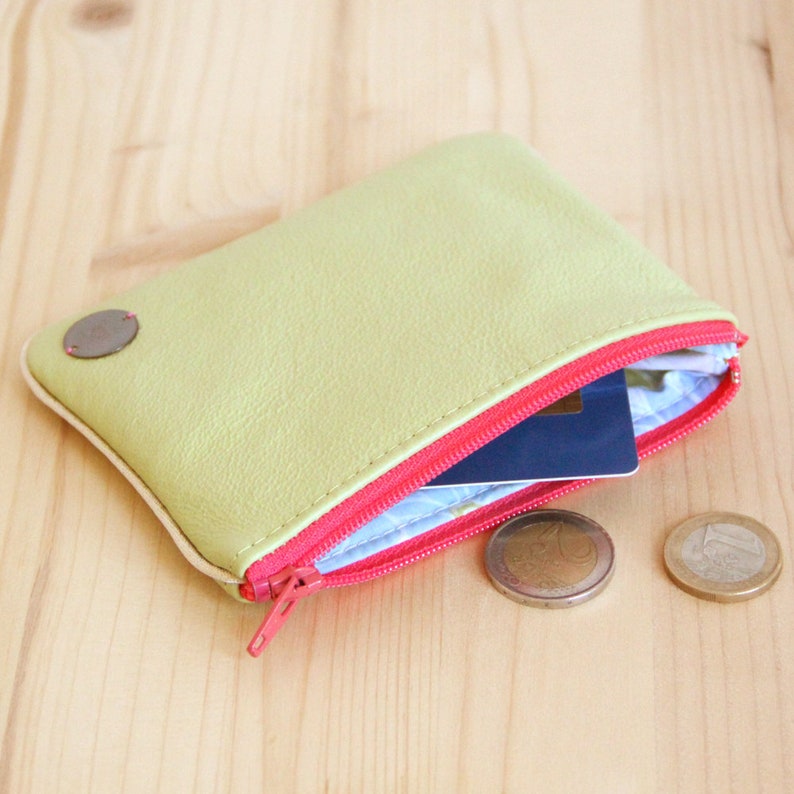 Large Wallet in Recycled Lime green Leather / Pink zipper Women Cardholder / Flowers pouch / Christmas personalize gift / Birthday / PC40 image 1