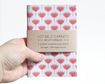Set of 2 Notebooks A6 Recycled Paper // To write Orange Print Flowers Lined Paper // To sketch Pink Cover Plain White Paper // LCA2