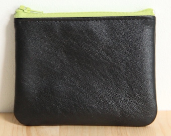 Porte-cartes cuir recyclé Noir / Grand porte monnaie zippé Vert anis / Pochette homme doublée / Cadeau Fête des pères Eco responsable / PC38