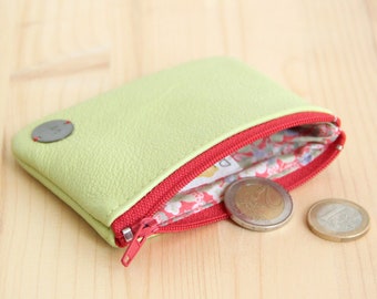 Recycled Lime green Leather Woman Wallet / Red Green zipped change Purse / Vintage Strawberry wallet / Birthday Gift Personalized / PMF46
