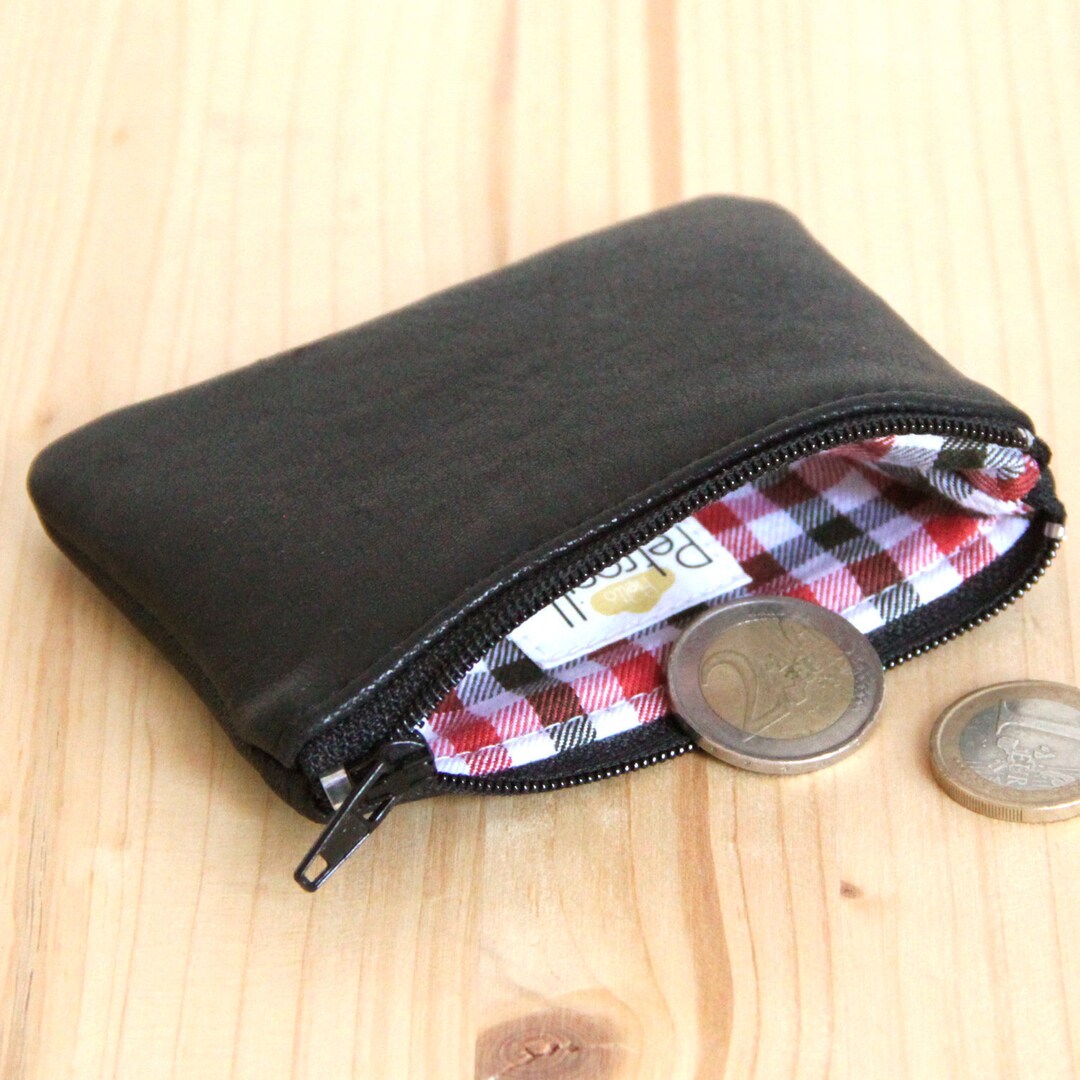 Black Recycled Leather Wallet for Men / Red Checks Lined Wallet