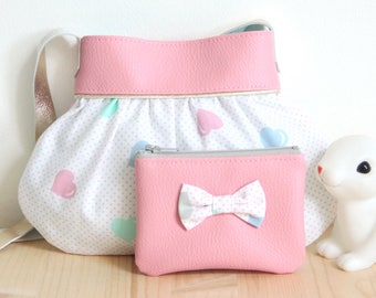 Lot Sac et Porte-Monnaie Enfant Petite Fille Rose Pastel // Simili Cuir et Tissu vintage Cœurs Pois // Anse Cuir doré // Anniversaire Fille