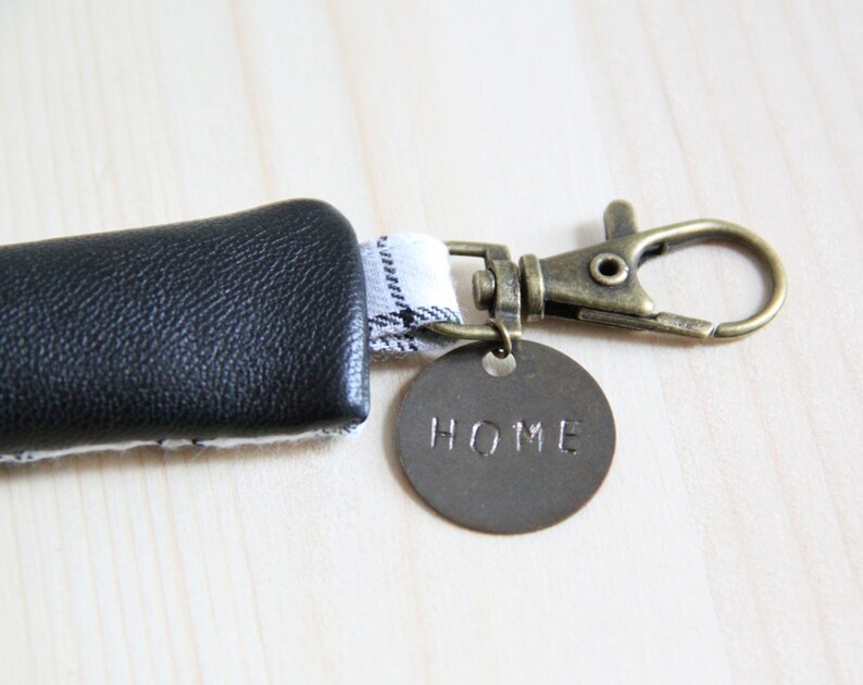 Black Recycled Leather Keychain // Vintage Grey Checks // Custom Order // Men Father's Day // PCH5 image 2