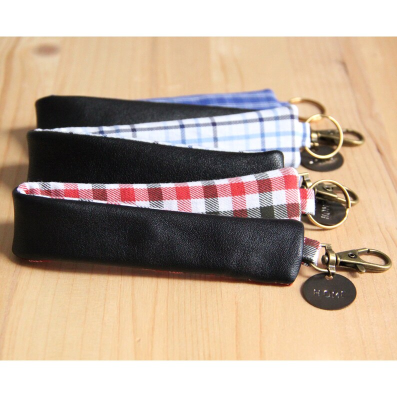 Black recycled leather keychain with red plaid checks / Personalizable men keychain / Personalized Christmas gift / Fathers day gift image 6