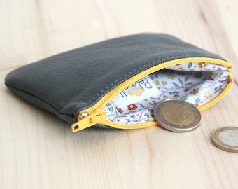 Grey recycled leather change Wallet with yellow zipper / No-gender travel coins wallet / Liberty flowers lined change pouch / Christmas gift