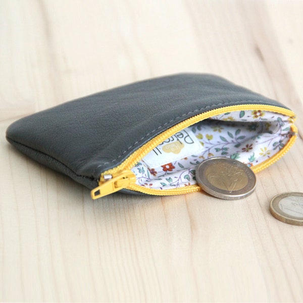 Grey recycled leather change Wallet with yellow zipper / No-gender travel coins wallet / Liberty flowers lined change pouch / Christmas gift