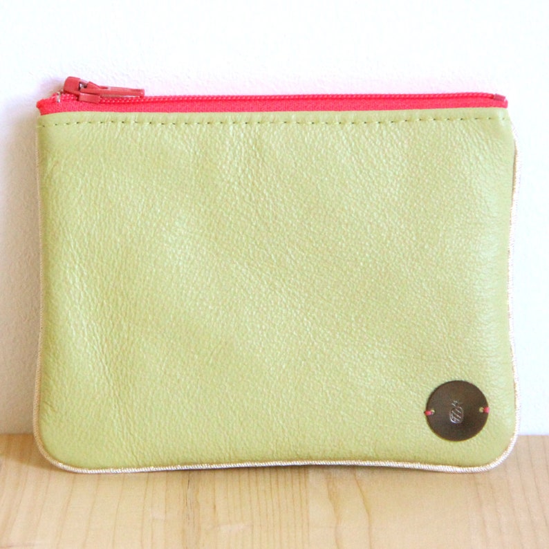 Large Wallet in Recycled Lime green Leather / Pink zipper Women Cardholder / Flowers pouch / Christmas personalize gift / Birthday / PC40 image 2