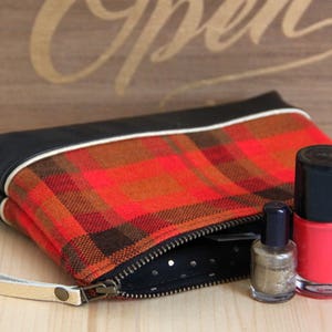 SALES Black Recycled Leather Zipped Makeup Pouch / Red orange Vintage Checks / Metal Zipper / Bag Women Handbag / Birthday Gift / TRO4 image 1
