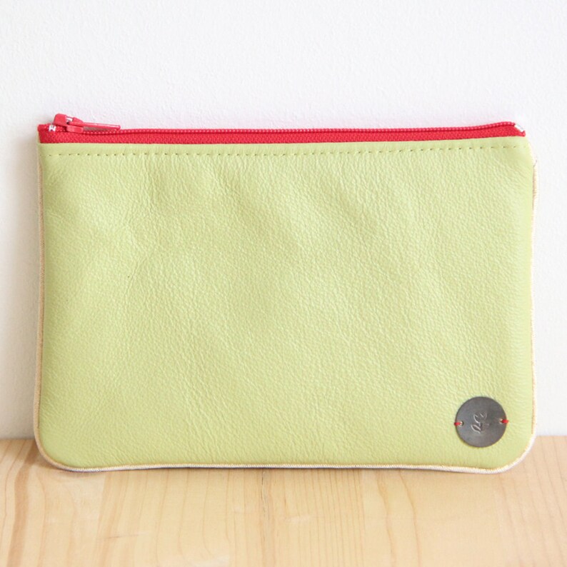 Women Pouch in Recycled Lime green Leather Red Zipper / Vintage Strawberry Jewels Make up Case / Birthday Woman Mother Mom Gift / POCC30 image 2