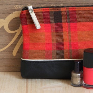 SALES Black Recycled Leather Zipped Makeup Pouch / Red orange Vintage Checks / Metal Zipper / Bag Women Handbag / Birthday Gift / TRO4 image 5