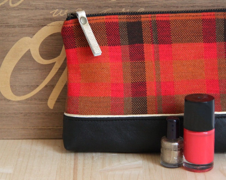 SALES Black Recycled Leather Zipped Makeup Pouch / Red orange Vintage Checks / Metal Zipper / Bag Women Handbag / Birthday Gift / TRO4 image 5