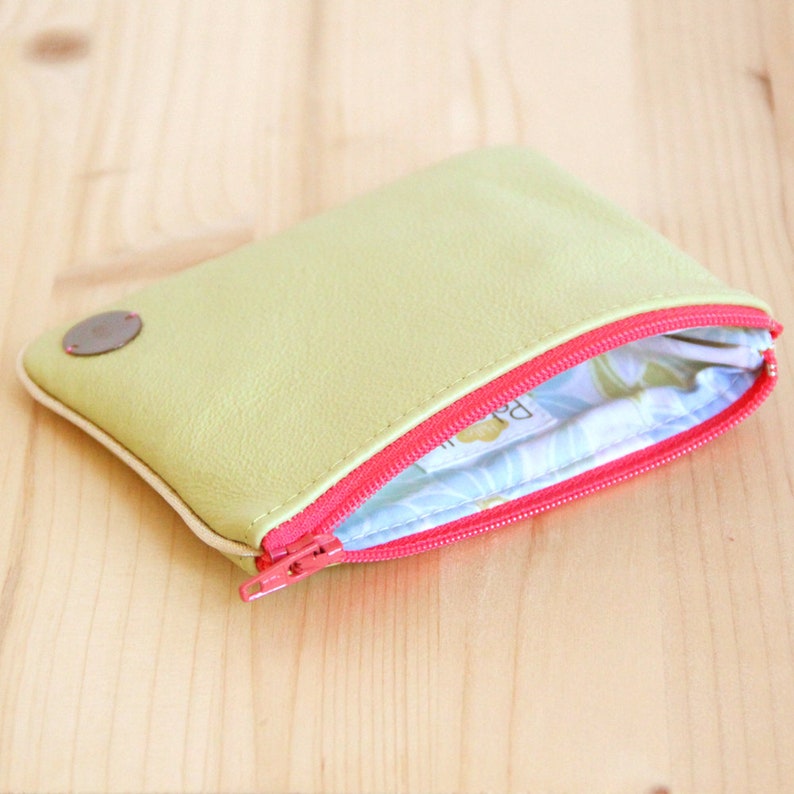 Large Wallet in Recycled Lime green Leather / Pink zipper Women Cardholder / Flowers pouch / Christmas personalize gift / Birthday / PC40 image 3