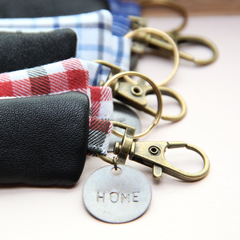 Black recycled leather keychain with red plaid checks / Personalizable men keychain / Personalized Christmas gift / Fathers day gift image 7