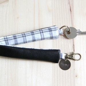 Black Recycled Leather Keychain // Vintage Grey Checks // Custom Order // Men Father's Day // PCH5 image 1